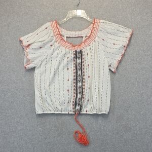Almost Famous XL Boho Peasant Top White Orange Embroidered Tassel Blouse
